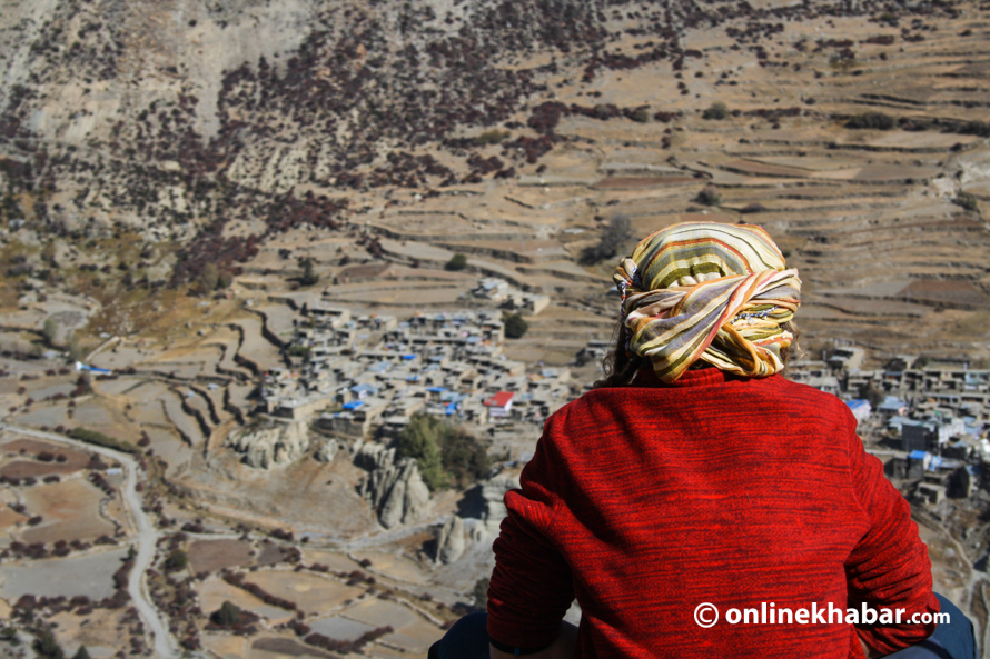 A person looking at Manang from an adjacent hill. Nepal
