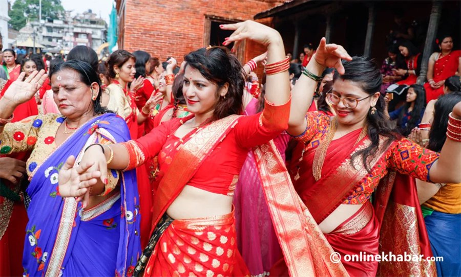 File: Women dance on the occasion of Teej, on September 12, 2018. 