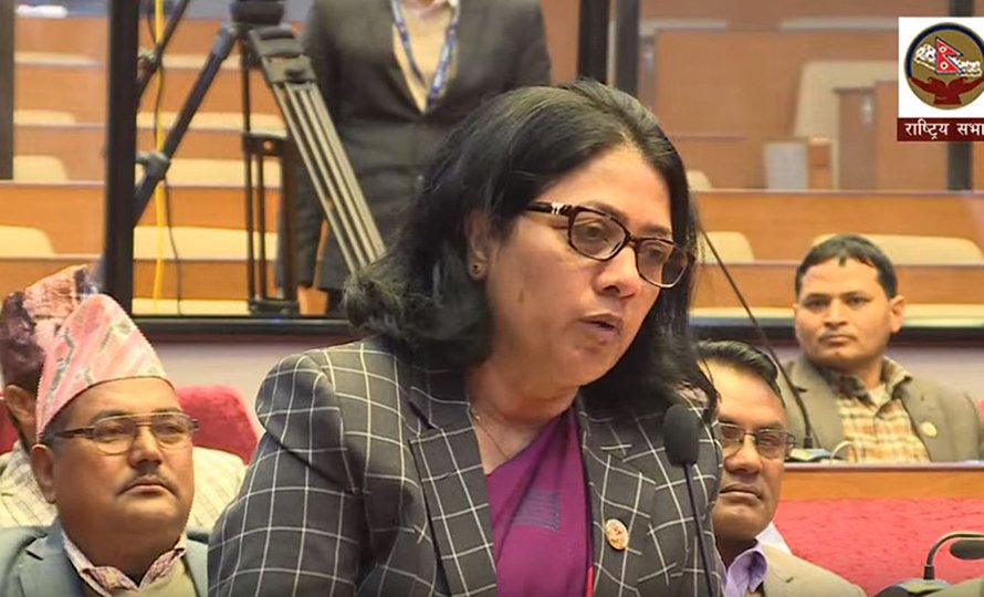 National Assembly member Bimala Rai Paudyal speaks during an Upper House meeting 