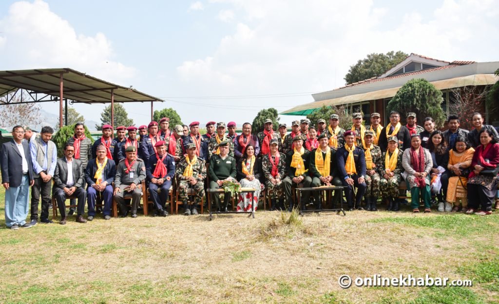 Nepal army officials with Nepalis at Kharipati quarantine