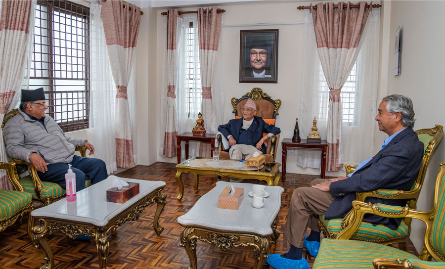 File: A meeting between KP Sharma Oli, Sher Bahadur Deuba and Pushpa Kamal Dahal, in Kathmandu, on Friday, April 24, 2020. Photo: PM Oli's Secretariat