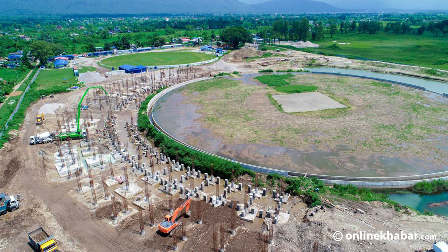 Construction works are underway for Gautam Buddha International Cricket Stadium, in Chitwan, in August 2020.