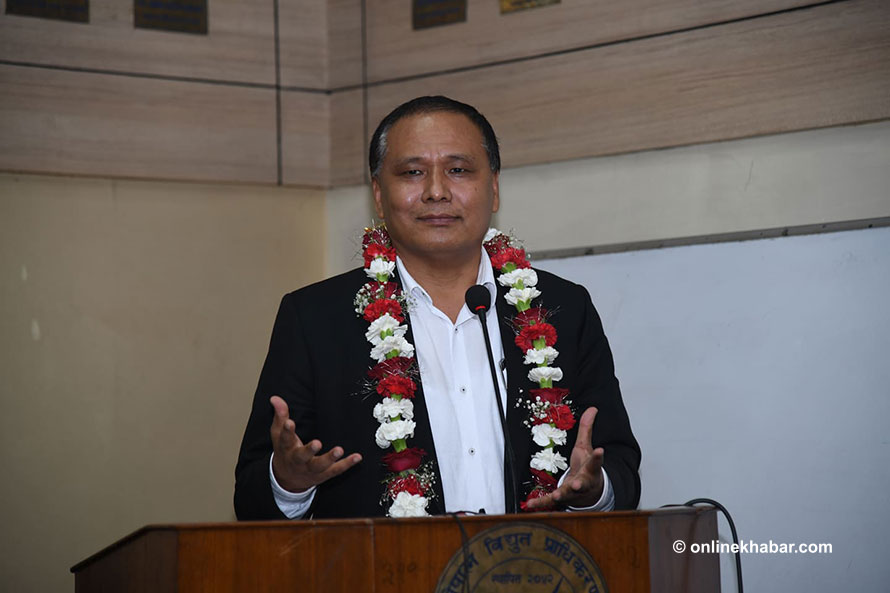 Nepal Electricity Authority's Managing Director Kul Man Ghising speaks at a function organised to bid farewell to him from the authority, in Kathmandu, on Tuesday, September 15, 2020.