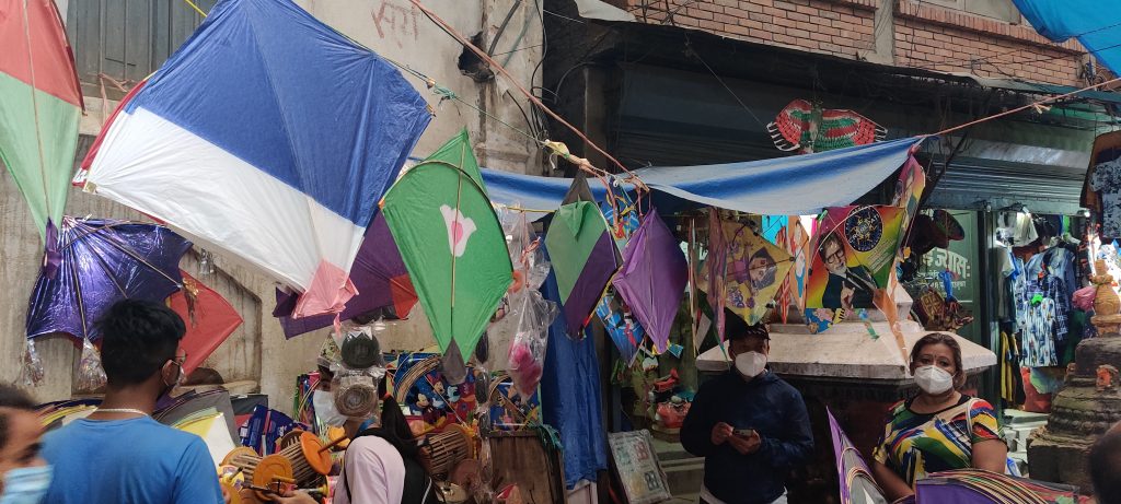 Kites, spools and strings on sale in Tyauda in the run-up to Dashain