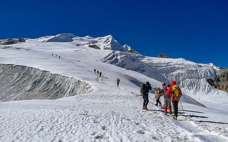 Climbers en route to the summit of Mera Peak, one of Nepal's easiest trekking peak.