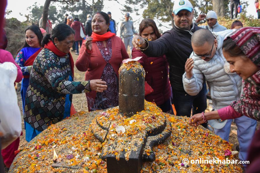 Devotees offer satbeej to deities on the occasion of Balachaturdashi, in Pashupati, Kathmandu.