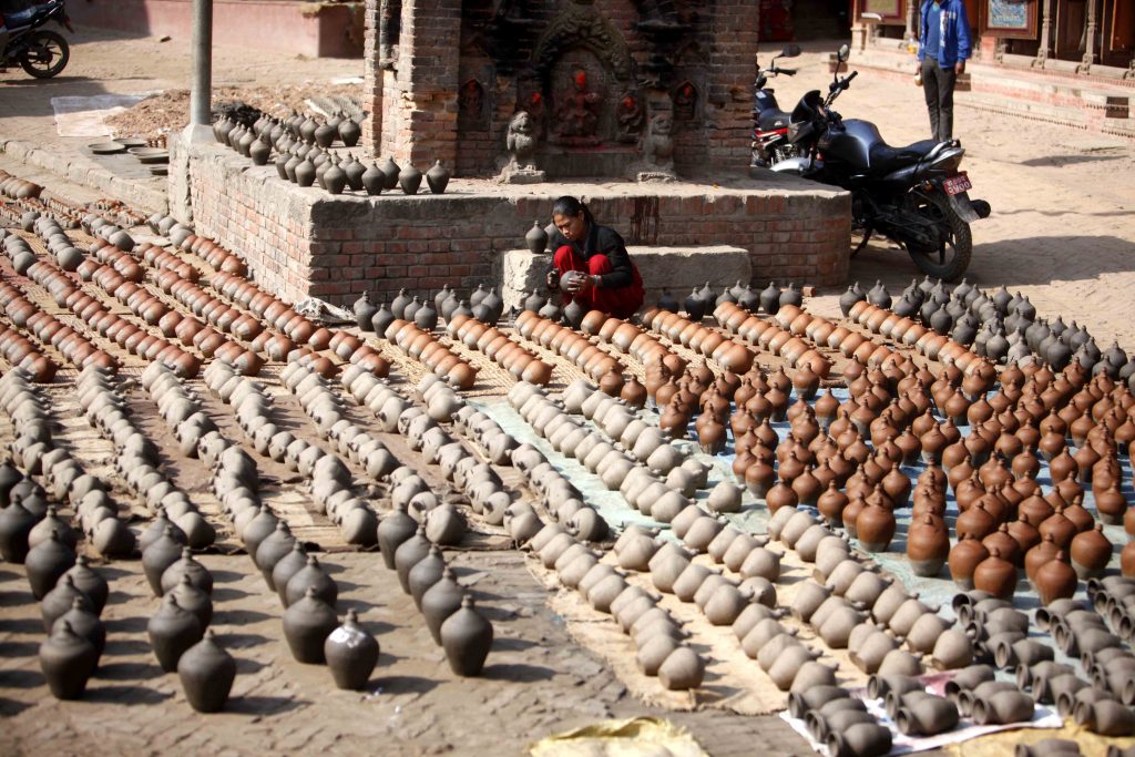 Earthenware are being dried in the Pottery Square in Bhaktapur.