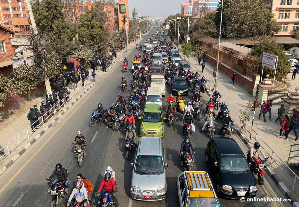 File: Traffic jam in Kathmandu before a political demonstration in the capital, on Friday, January 22, 2021.