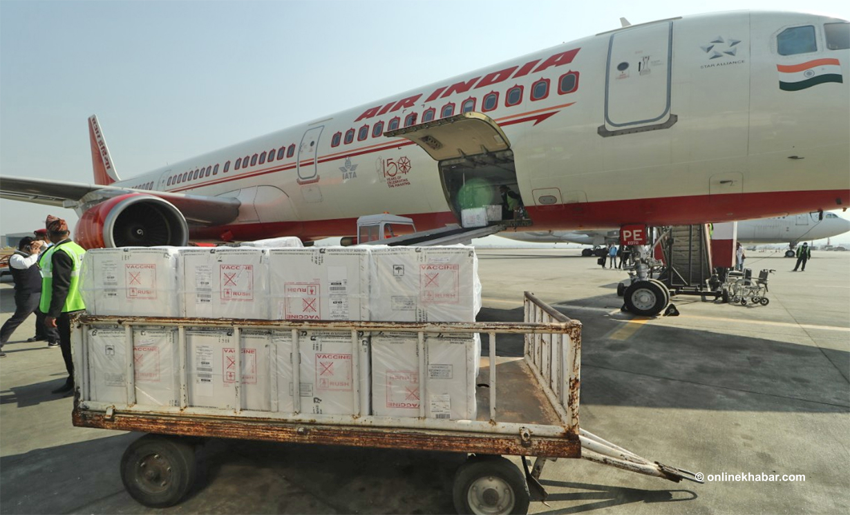 An Air India aeroplane delivers one million doses of Covishield vaccines, in Kathmandu, on Sunday, February 21, 2021. Photo: Aryan Dhimal