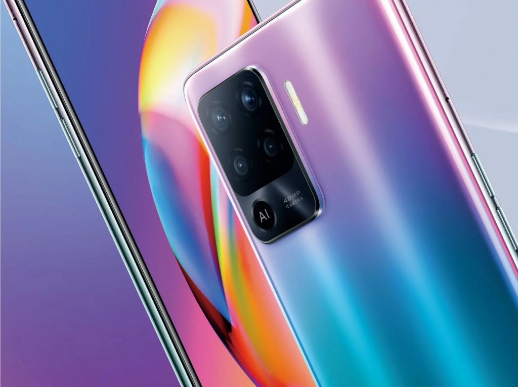  A render of the OPPO A97 smartphone with a gradient purple and blue color scheme and a 48MP triple camera system.