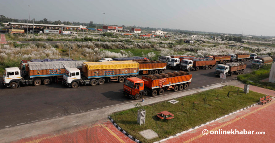File: Trucks importing various goods at Birgunj customs point import and export