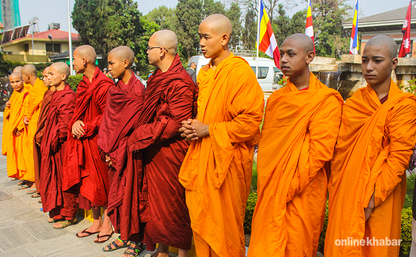 buddhist monks in buddhism conference talking about Buddha's teachings and 