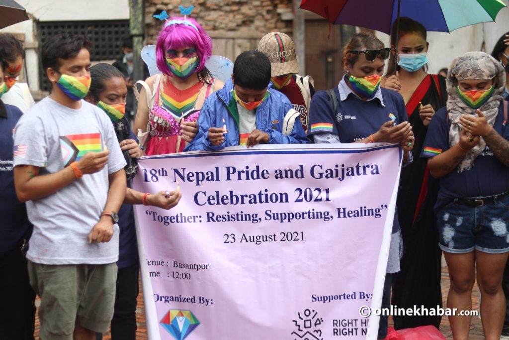 LGBTQIA+ community in Basantapur dabali for Gaijatra
