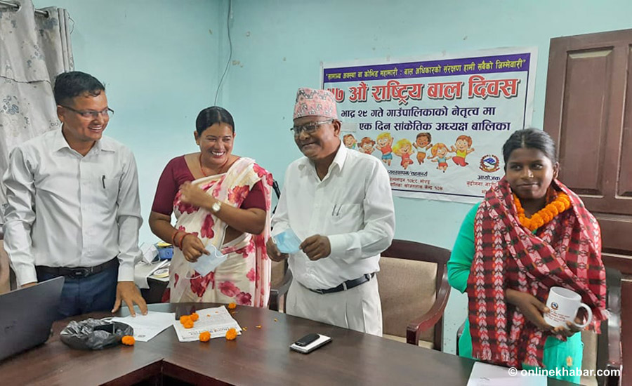 Susmita Rishidev (right) has been made the chief of Budhiganga rural municipality, in Morang, on the occasion of National Children's Day, on Tuesday, September 14, 2021.