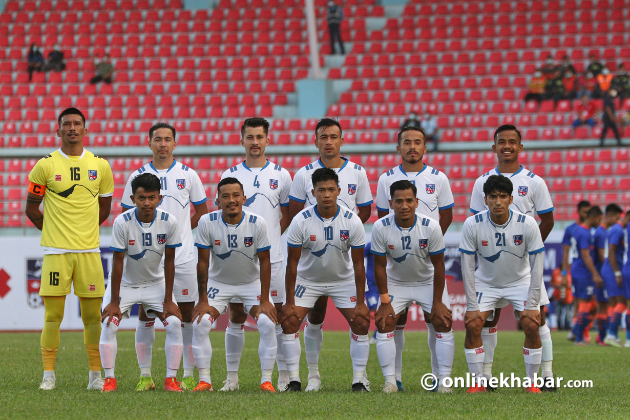 Nepal football team that played a friendly with India, in Kathmandu, on Sunday, September 5, 2021. Photo: Aryan Dhimal