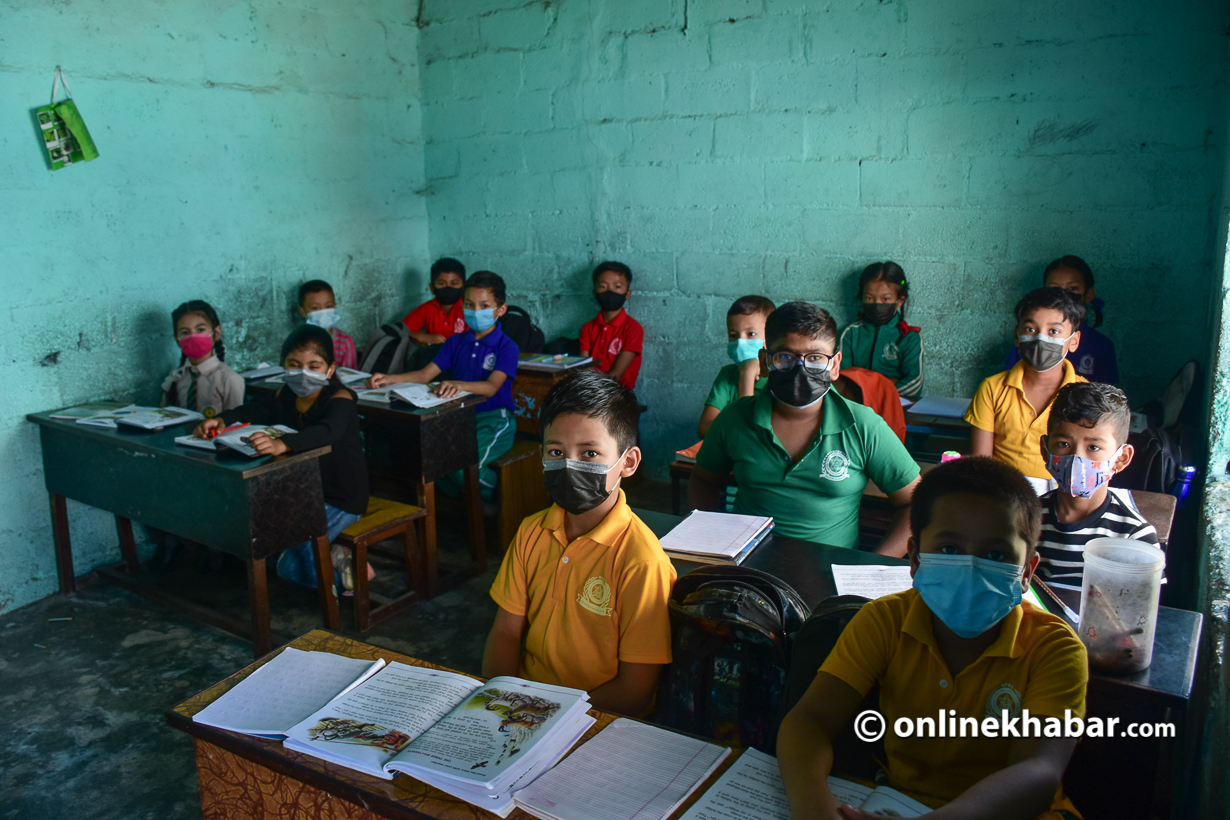 File: Students attend a class as schools reopen amid the Covid-19 crisis, in Gokarneshwar of Kathmandu, on Tuesday, August 31, 2021. Photo: Chandra Bahadur Ale