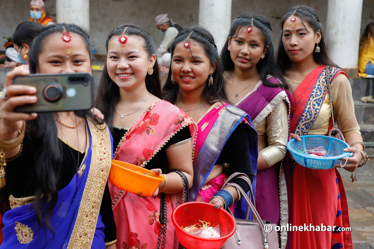 Girls posing for a selfie at the Pasupathinath area on the day of Teej, on Thursday, September 9, 2021.