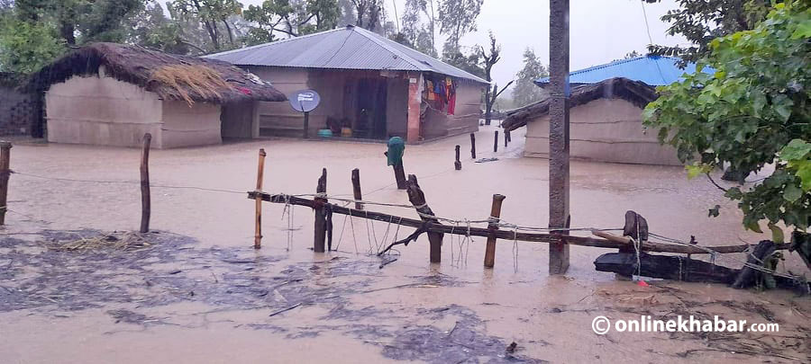 A neighbourhood in seen inundated in floodwater, in the Kanchanpur district, in October 2021.