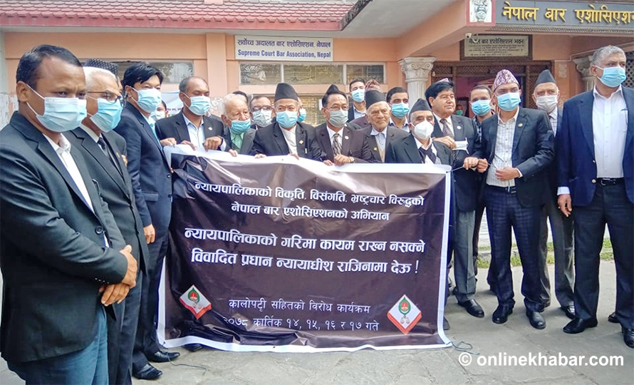 Nepal Bar Association stages a protest at the Supreme Court, demanding Chief Justice Cholendra Shamsher Rana's resignation, in Kathmandu, on Sunday, October 31, 2021.