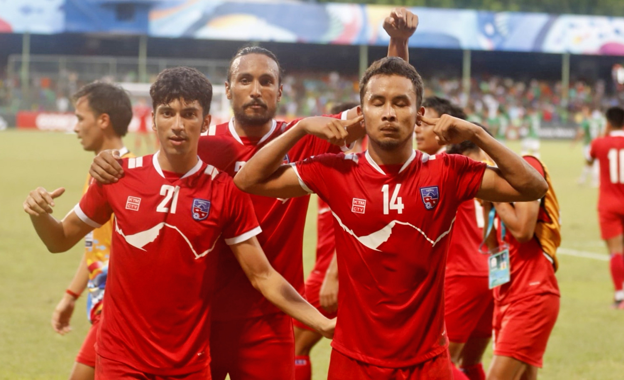 Some members of the Nepal national football team during a match of the SAFF Championship 2021. SAFF Championship 2023