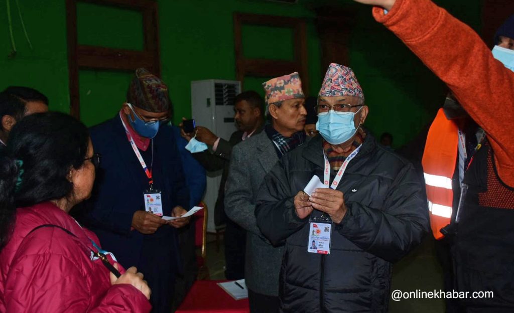 KP Sharma Oli casts his votes during the 10th general convention of the CPN-UML, in Chitwan, on Tuesday, November 30, 2021. The convention reelected him as the party chairman.