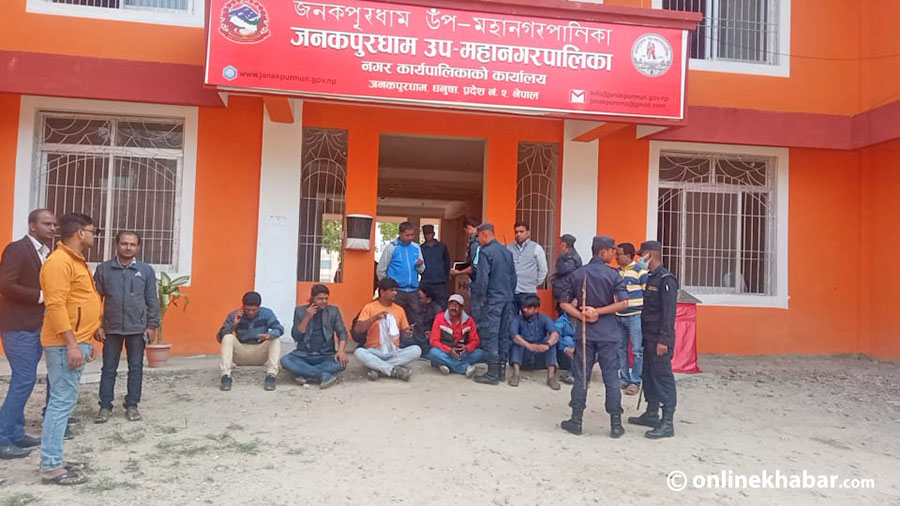 Some ward chairs of the Janakpur sub-metropolitan city padlock the city office, on Monday, November 22, protesting the mayor's apathy towards the waste management problem.