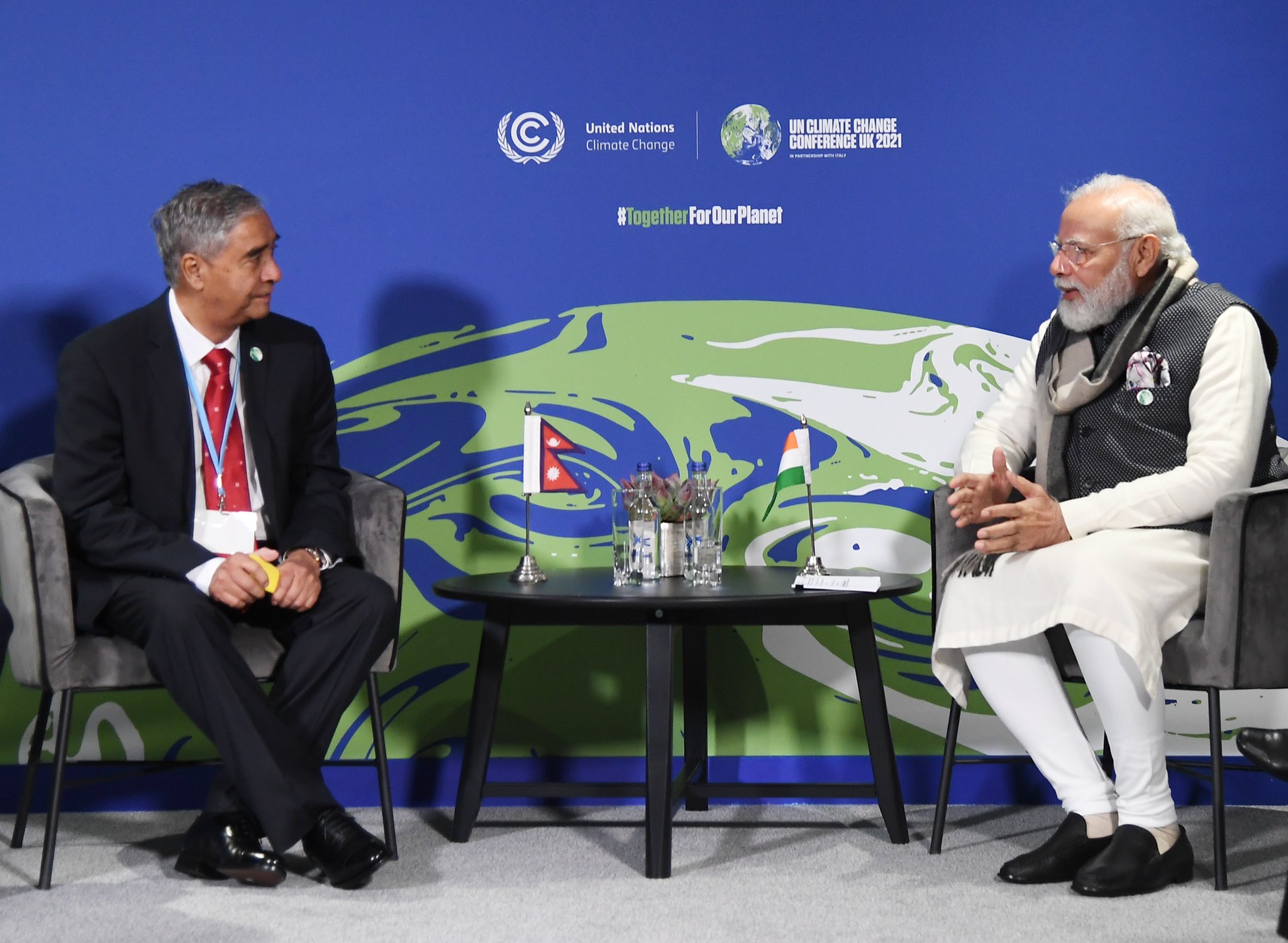 Prime Minister Sher Bahadur Deuba meets his Indian counterpart Narendra Modi, in Glasgow, Scotland, on the sidelines of the COP26, on Wednesday, November 3, 2021.