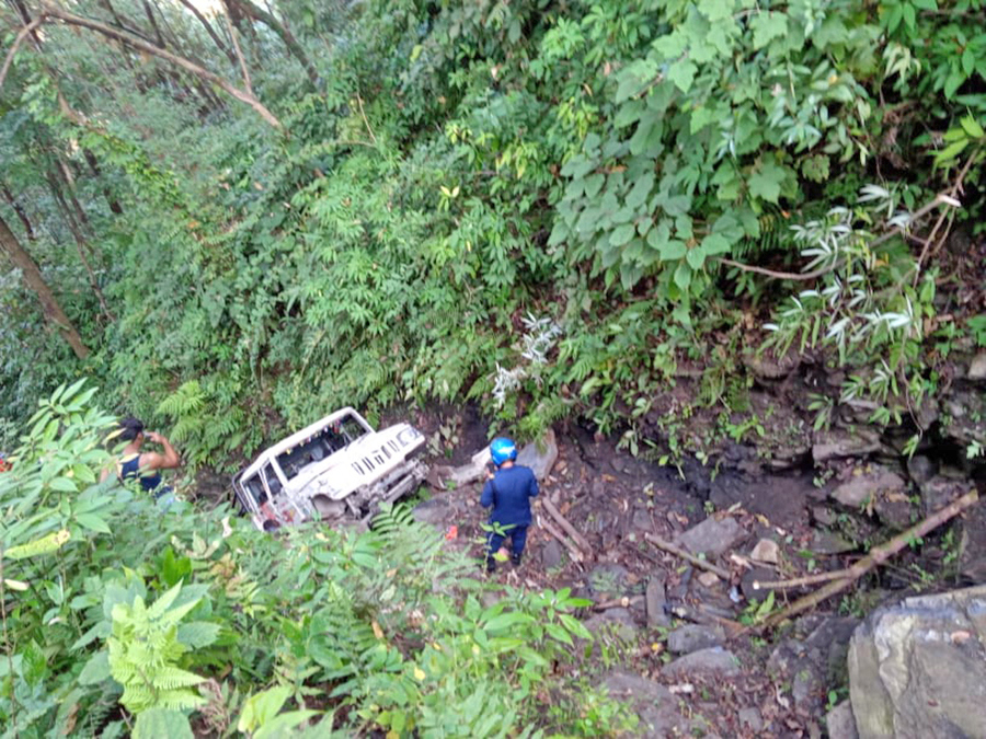 An SUV falls of the road in Bhusme, Marsyangdi-8 of the Lamjung district, on Thursday, December 9, 2021.