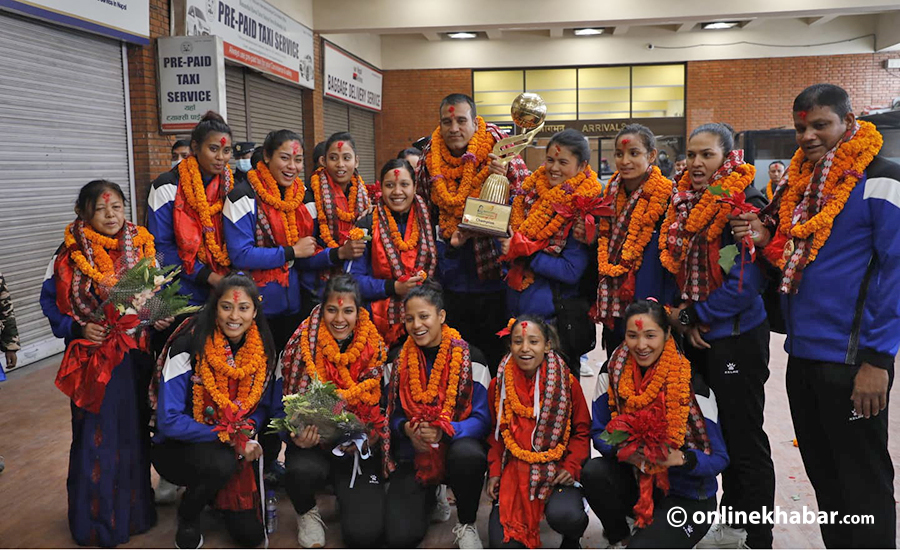 Nepal national women's volleyball team return home after winning the the title of the Asian Central Zone Volleyball Challenge Cup, in Kathmandu, on Thursday, december 30, 2021.
