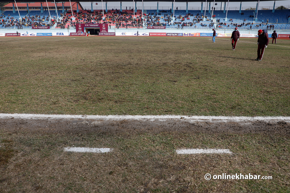 The football turf at Dasharath Stadium is in a dire state. Photo: Bikash Shrestha