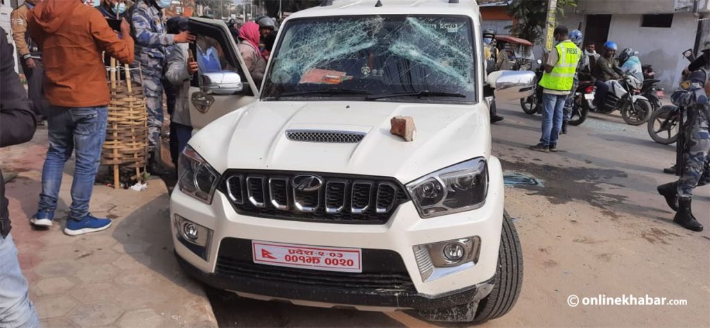 Cadres of the CK Raut-led Janamat Party vandalise an SUV in Janakpur, Dhanusha, on Wednesday, January 26, 2022.