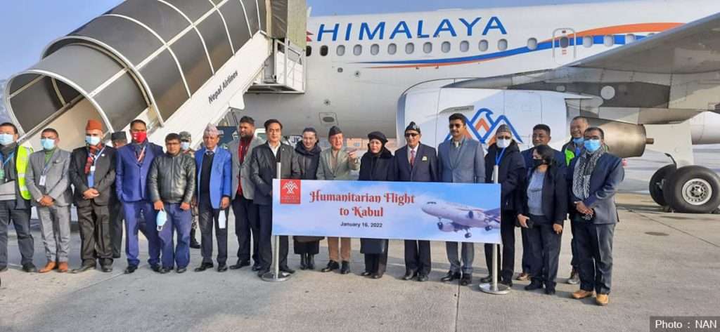 A Nepali delegation leaves for Kabul, Aghanistantan with humanitarian aid, in Kathmandu, on Sunday, January 16, 2022.