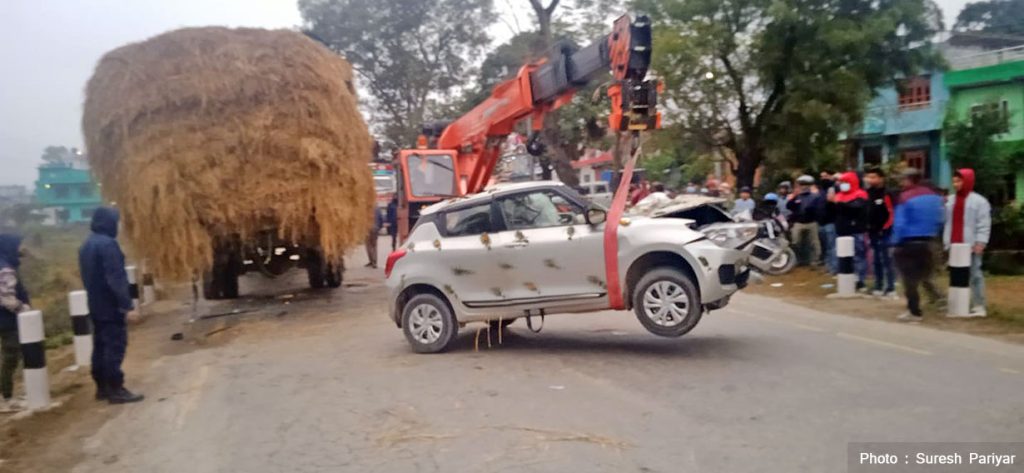 A running car hits a stationary truck in Butwal, Rupandehi, on Monday, February 7, 2022.