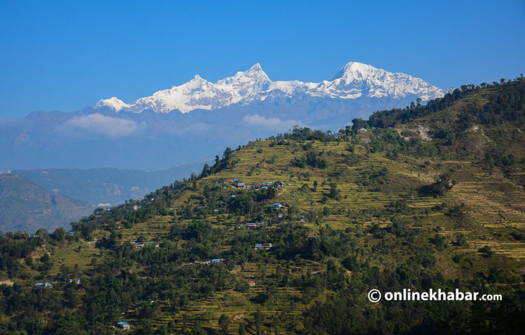 File: Mount Manaslu, the eighth highest mountain, and Dumrewangra are seen from Barpak of Gorkha. On a fine day, you can have magnificent views of the Buddha Himal (6,692m) of the Himalayas right in front of you. Photo: Chandra Bahadur Ale
