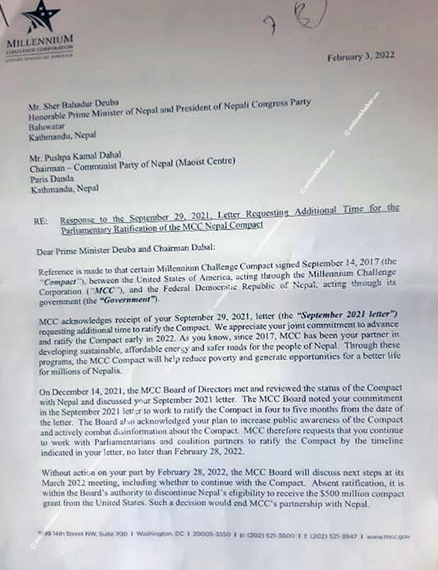 A letter sent by the Millennium Challenge Corporation (MCC) of the US government to Prime Minister Sher Bahadur Deuba asking for the ratification of the deal, in February 2022