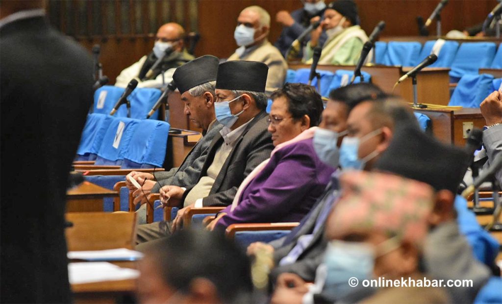 Prime Minister Sher Bahadur Deuba and his ministers attend a parliament meeting, in Kathmandu, on Sunday, February 27, 2022.