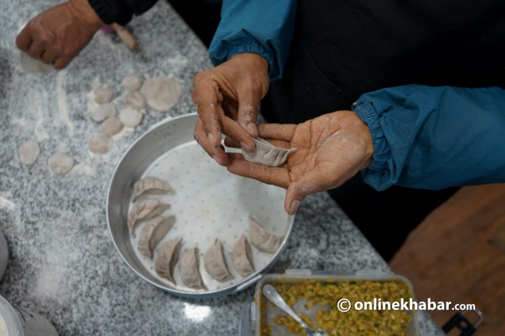 Making momos at Sat Saheb. 