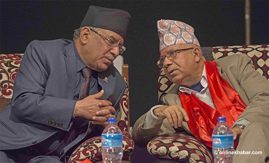 L-R: The chairmen of CPN-Maoist Centre and CPN-Unified Socialist, Pushpa Kamal Dahal and Madhav Kumar Nepal