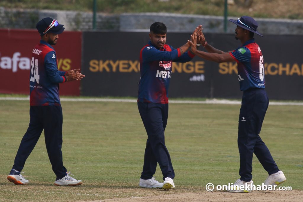 Nepal cricket players celebrates after taking wicket against PNG.