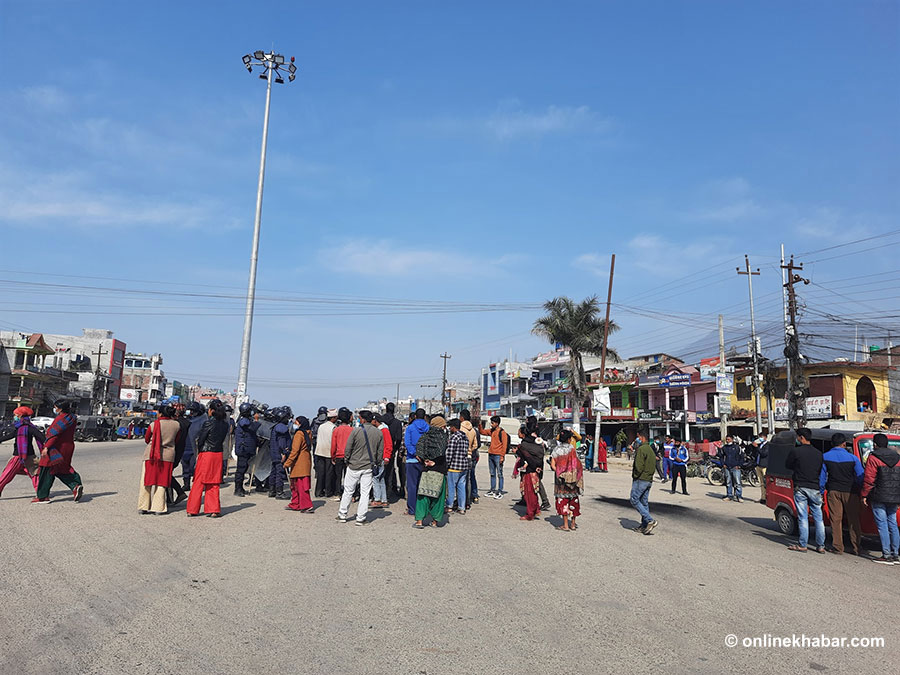 Locals stage a demonstration obstructing the road in Birendranagar of Surkhet, on Sunday, March 6, 2022.