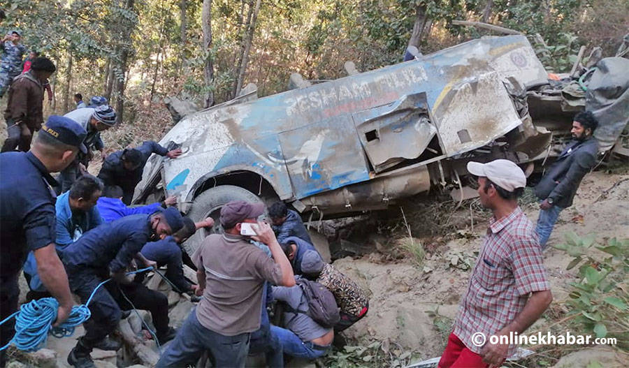 A bus falls off the road in the Madi municipality of Sankhuwasabha, killing at least 10, on Thursday, Match 10, 2022.
