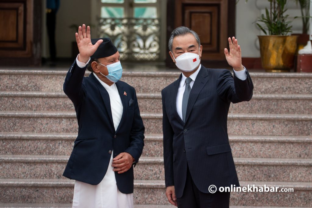 Chinese Foreign Affairs Minister Wang Yi with his Nepali counterpart Narayan Khadka in Kathmandu, on Saturday, March 26, 2022. Photo: Aryan Dhimal