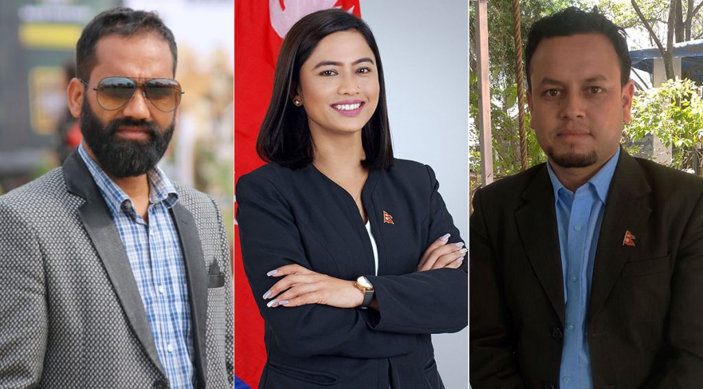 L-R: Ganes Paudel, Neetu Khadka and Sumit Kharel, independent mayoral candidates for Pokhara, Baglung and Budhanilakantha respectively for the local elections 2022