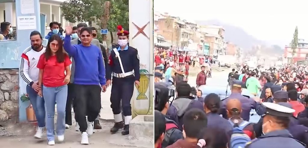 Actress Puja Sharma and fans of Paul Shah gather in front of the Tanahun District Police Office, where Paul Shah is in custody for a rape charge investigation.