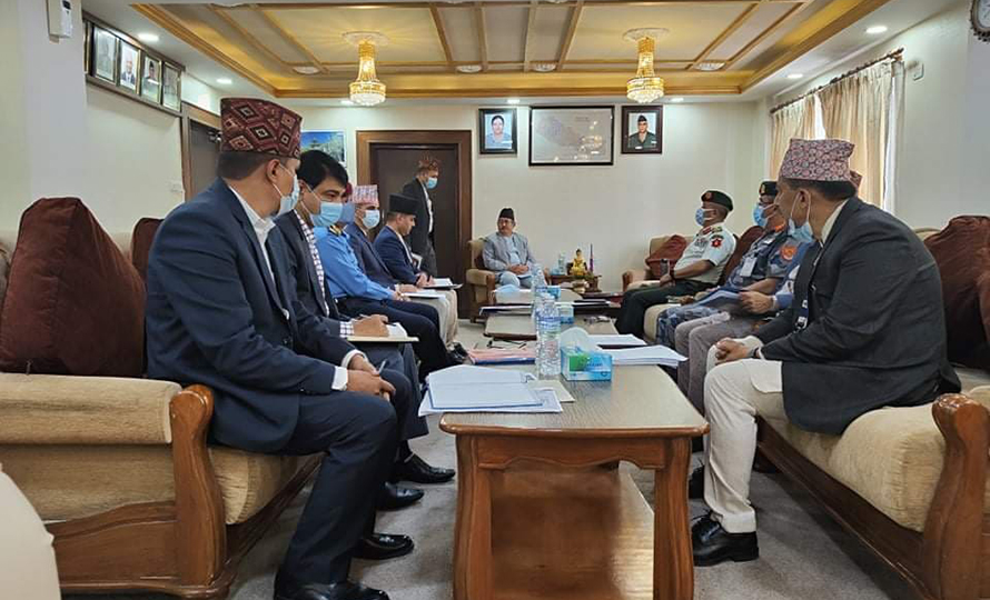 Home Minister Bal Krishna Khand leads a meeting of the Central Security Committee, in Kathmandu, on Thursday, March 24, 2022.