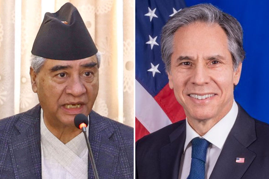 L-R: Nepal PM Sher Bahadur Deuba and US Secretary of State Antony Blinken