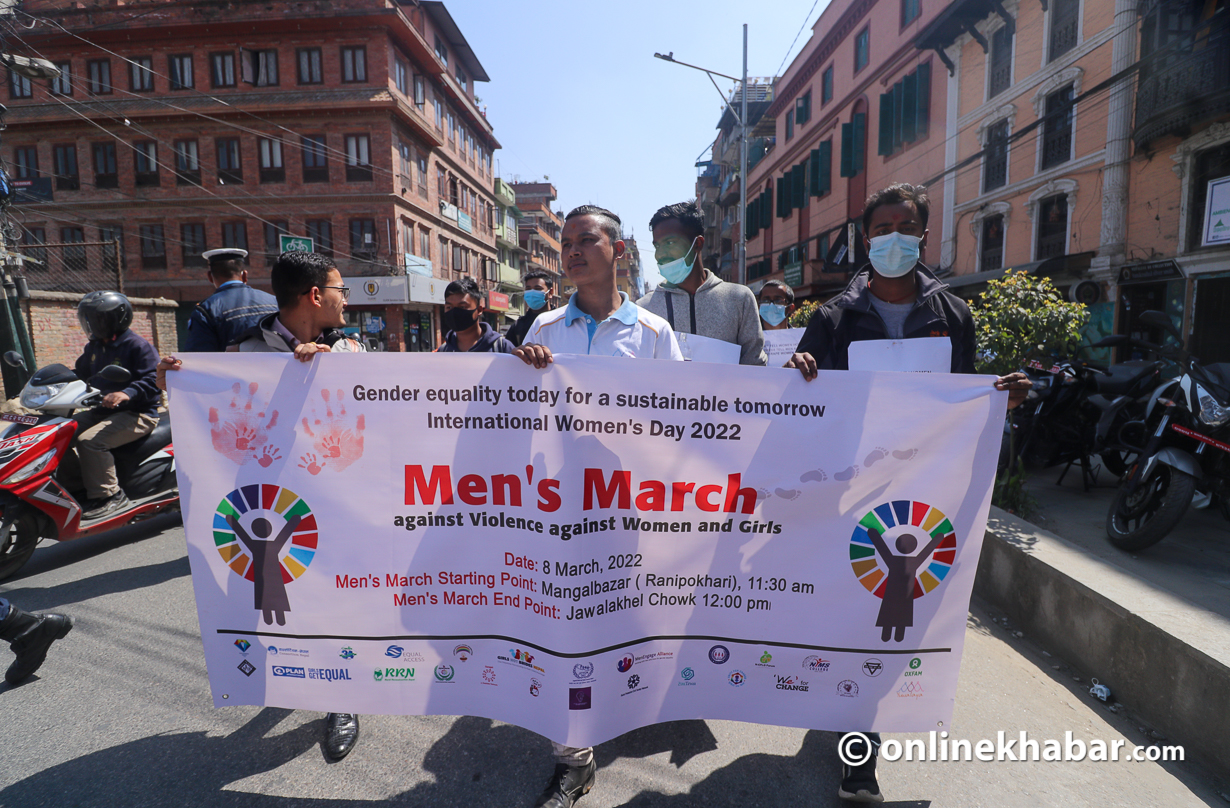Men stage a rally to express their solidarity for women's rights, on the occasion of International Women's Day, in Lalitpur, on Tuesday, March 8, 2022. Photo: Aryan Dhimal