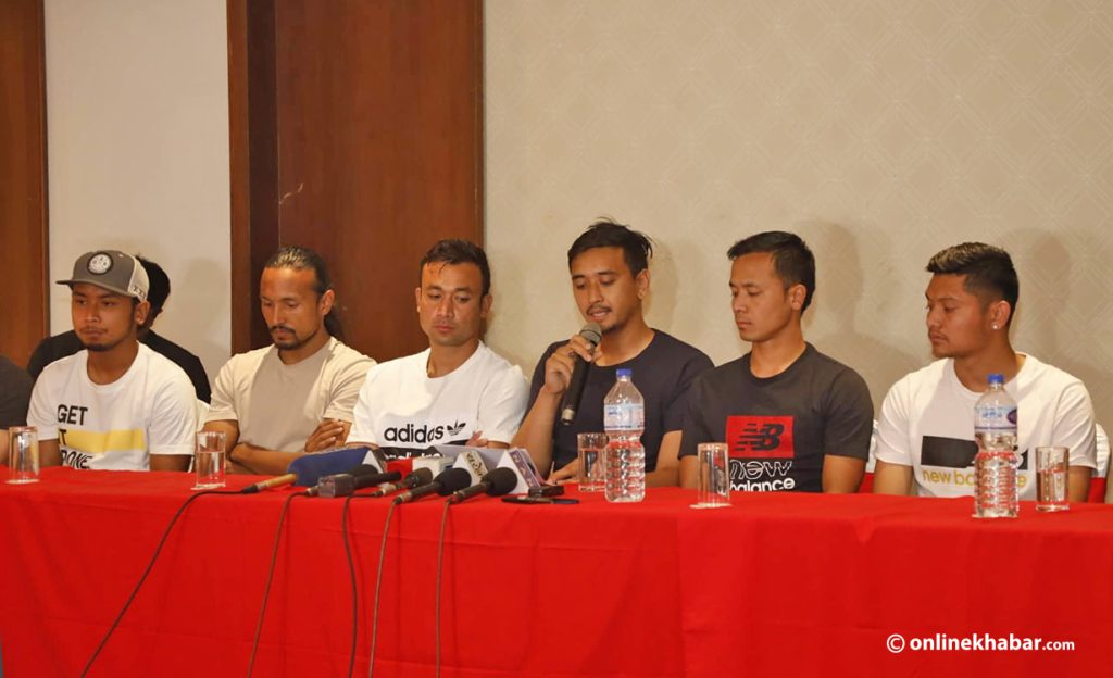 Nepal football players host a press conference, in Kathmandu, on Thursday, April 28, 2022.