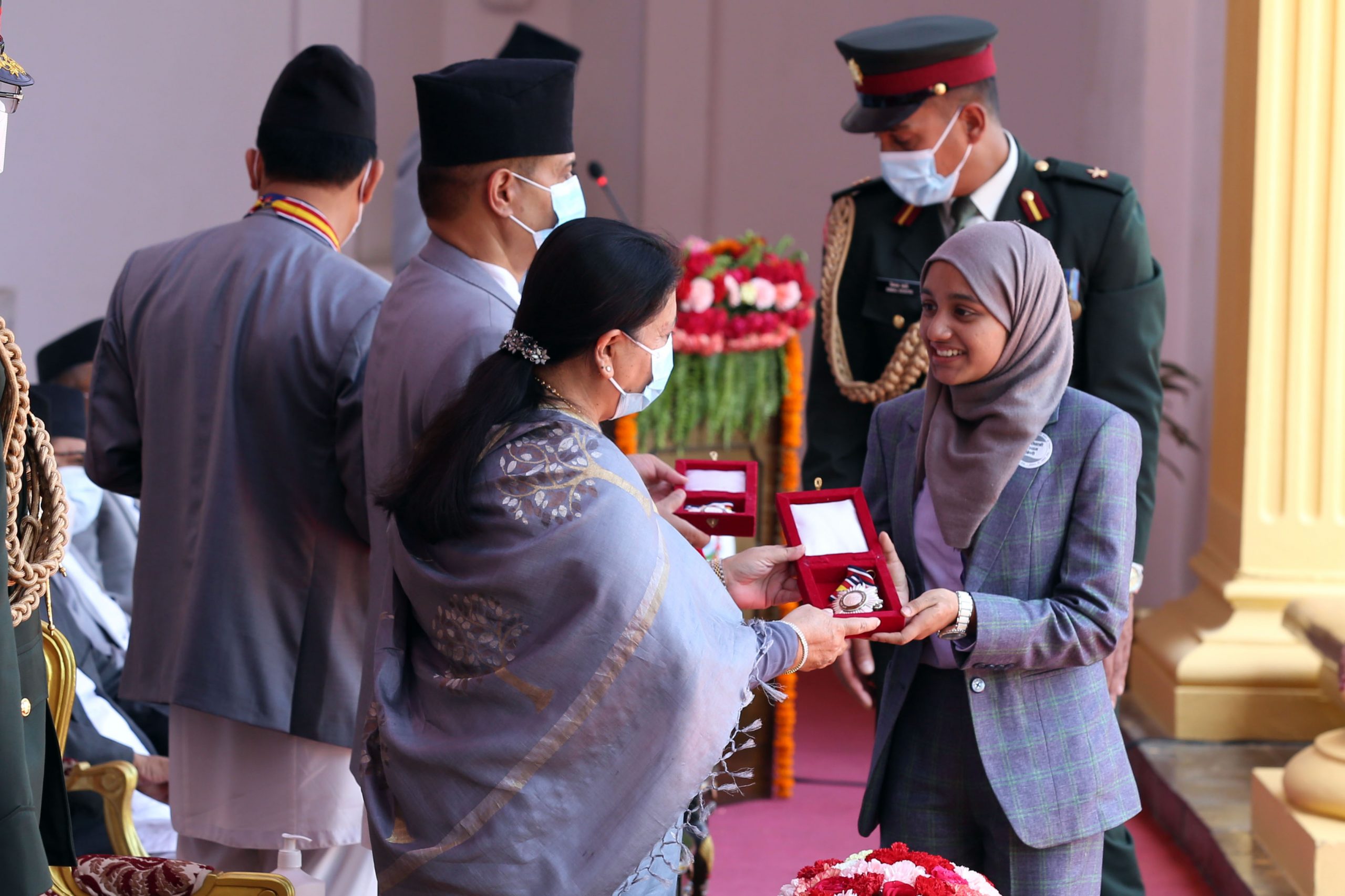 President Bidya Devi Bhandari today decorated distinguished persons, civil servants and individuals from the social sector with various decorations and titles which were announced on the occasion of the Constitution Day (National Day) in September 2021.