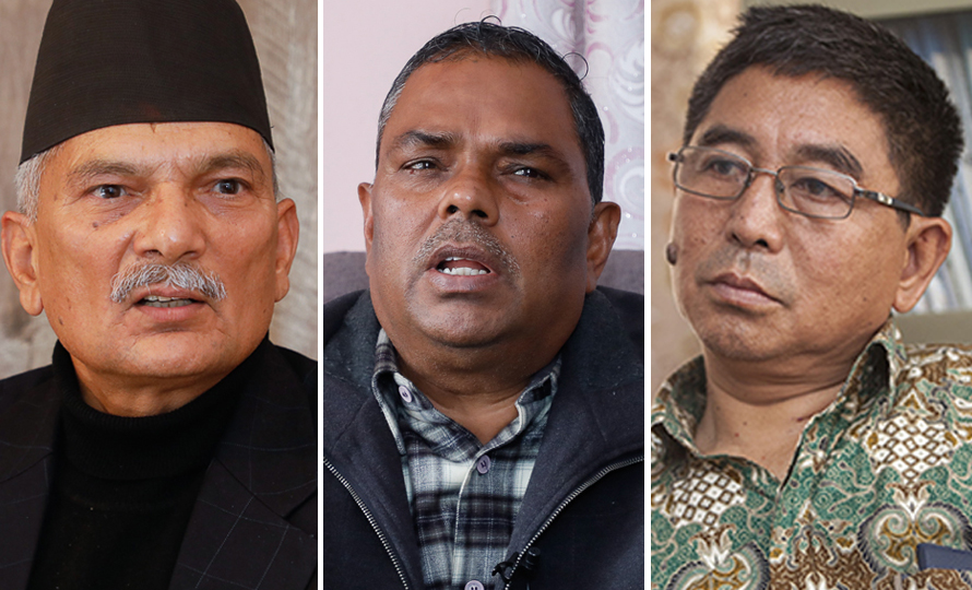 L-R: Janata Samajbadi Party Nepal (JSPN) top leaders Baburam Bhattarai, Upendra Yadav and Ashok Rai